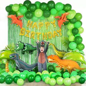 Dinosaur Birthday Party Decorations Set | Balloons, Foil Curtains, Pin Tail Game